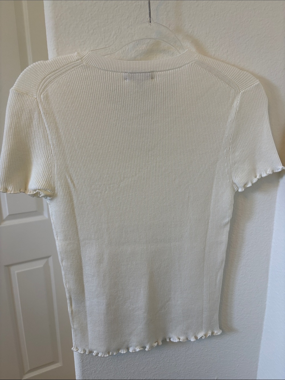 J. Crew Cream Ribbed Short Sleeve Lettuce-Edge Knit Top - Picture 2 of 2